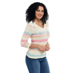 Textured V Neck 3/4 Sleeve Sweater -Grace Jewelry Shop 762 293 00 detail