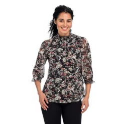 3/4 SleeveSmocking DetailPrinted Mesh KnitTop