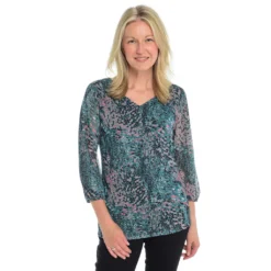 Printed Smocked Shoulder 3/4Sleeve Mesh Top -Grace Jewelry Shop 769 966