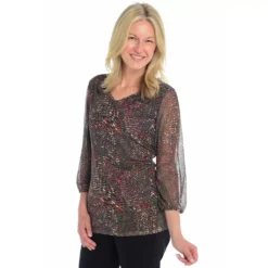 Printed Smocked Shoulder 3/4Sleeve Mesh Top -Grace Jewelry Shop 769 966 00 detail